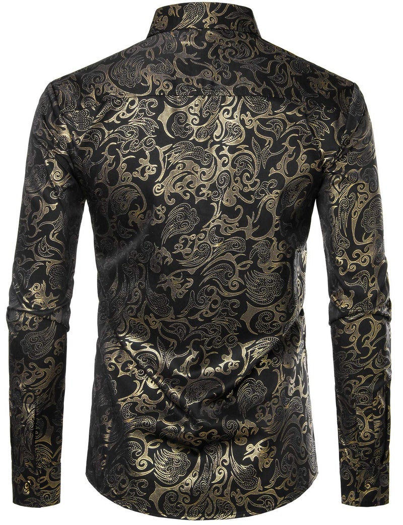 ZEROYAA Men's Luxury Gold Prom Design Slim Fit Long Sleeve Button up Party Dress Shirts ZZCL48 Black Gold X Large - Image 2